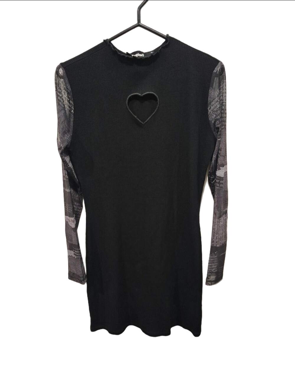 Desigual Vest_Maky Printed Mesh Sleeve Heart Cut Out Ribbed Dress NWT XL